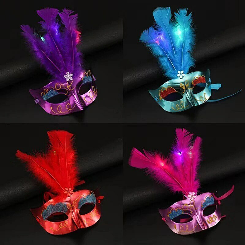 Multi cor halloween led pena máscara de fibra óptica baile de formatura festa princesa pena máscara decoração suprimentos brilho máscara de luz