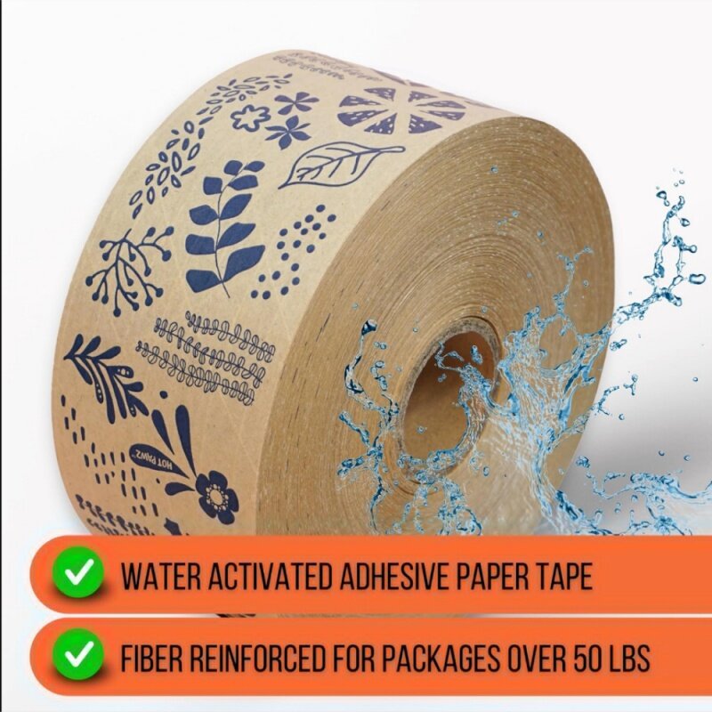 Niestandardowe, niestandardowe drukowanie logo pakowanie brązowa woda z recyklingu aktywowana gumowana ozdobna taśma papierowa wysyłka samoprzylepna taśma wi