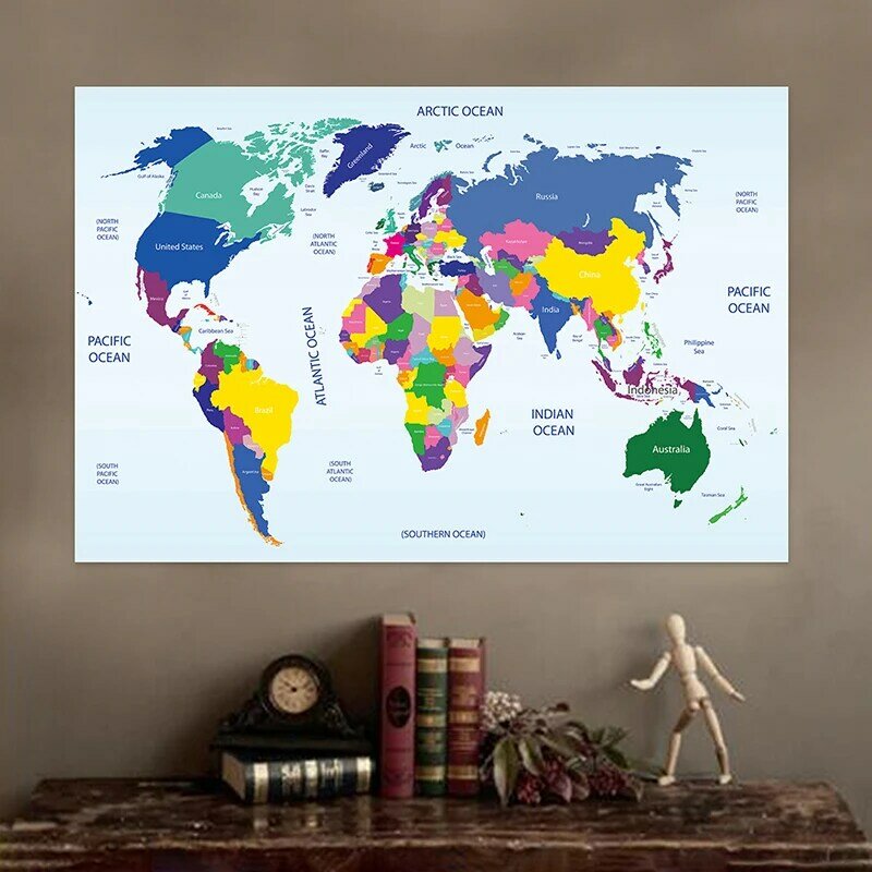 Peta Dunia Warna-warni Non-tenun 150X100Cm Peta Plat Negara untuk Kantor dan Sekolah Pendidikan Poster Dekorasi Dinding