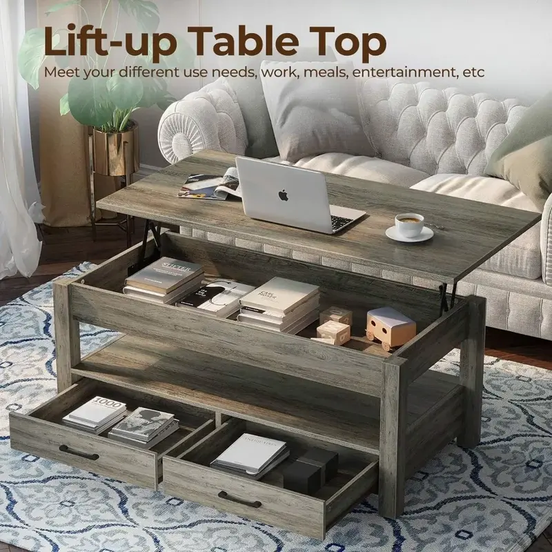 Table basse avec tiroirs et compartiments cachés, table centrale vintage avec plateau élévateur en bois, pour le salon, chêne lavé