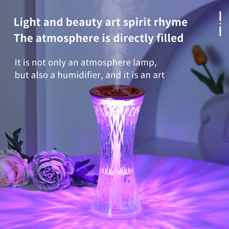 Vidro transparente Rosa Cristal Candeeiro de Mesa LED, Diamantes 3D Night Light, Toque Luz Ambiente, Umidificador de Ar, Replica Design, Hot