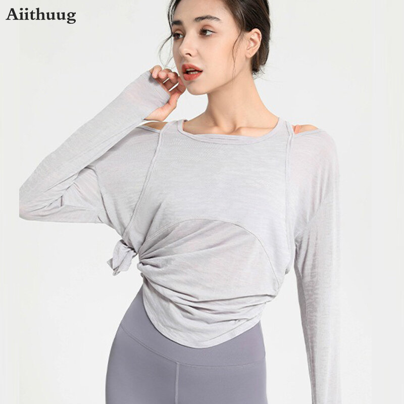 Aiithuug เสื้อโยคะแขนยาวสำหรับผู้หญิง, เสื้อ2ชิ้นทรงหลวมระบายอากาศได้ดีแห้งเร็ว