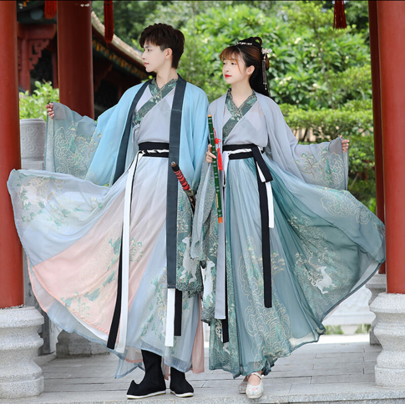 Hanfu Couples Chinese Ancient Vintage Hanfu Shoot Adult Carnival Cosplay Costume Green&Gray 3 Pcs Hanfu Outfit For Men&amp