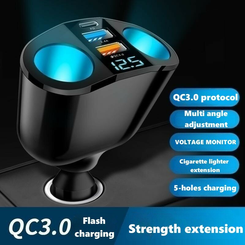 New Dual USB type-C Car Charging Cigarette Lighter Expansion Digital Display QC3.0 Fast Charging Multifunctional Car Charger