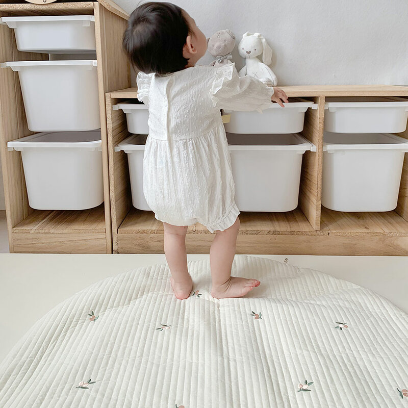 1 buah selimut katun gaya Nordic bayi bentuk bulat karpet ruangan bayi baru lahir dekorasi karpet lembut tikar bermain katun