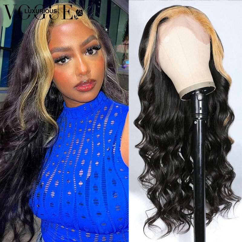 Perucas de cabelo humano Remy virgem brasileira, peruca dianteira transparente do laço, perucas pré arrancadas glueless, destaque preto e loiro, 13 × 4 HD
