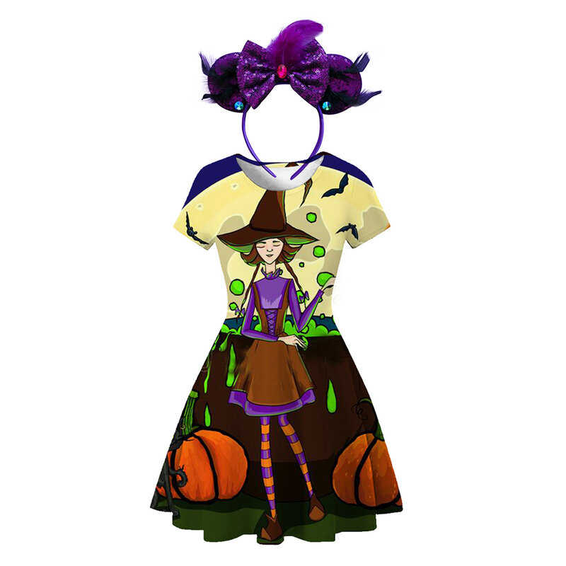 Costume Cosplay d'halloween pour filles, robe de carnaval noire, motif fantôme citrouille chauve-souris, tenue de Vampire