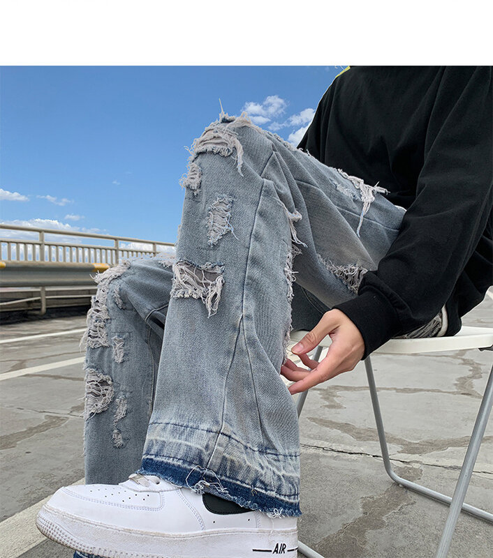 Wiosenne letnie dopasowane jeansy rurki męskie Streetwear w stylu koreańskim w trudnej sytuacji Denim Slim Homme spodnie hip-hopowe dżinsy z dziurami