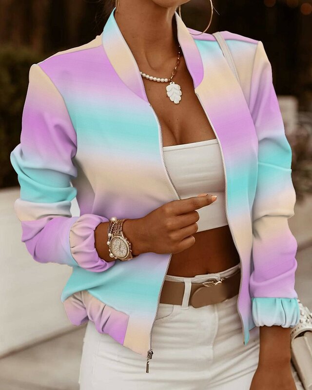 여성용 레트로 꽃무늬 프린트 재킷, 용수철 여름 긴팔 지퍼 프린트 재킷, 캐주얼 포켓 슬림 여성 봄버 아우터, 가을