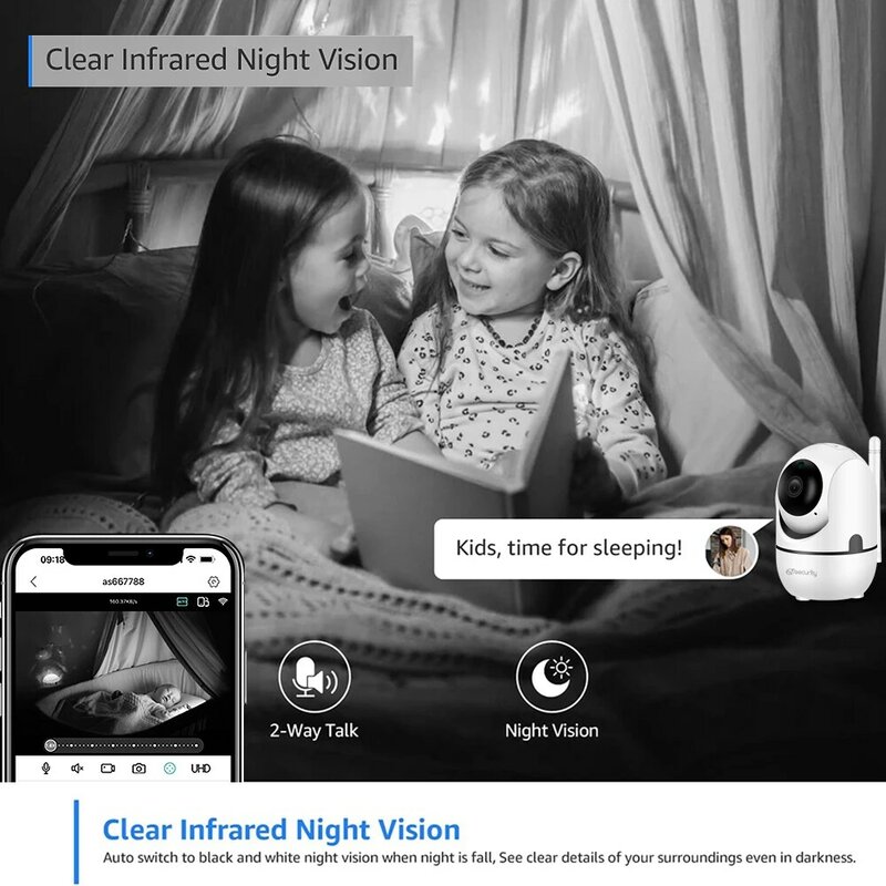 Caméra de sécurité Wifi Pan/Tilt pour moniteur bébé FHD 1080P Chien Caméra Détection de mouvement Suivi automatique Audio bidirectionnel Caméra bébé Cloud et stockage sur carte SD