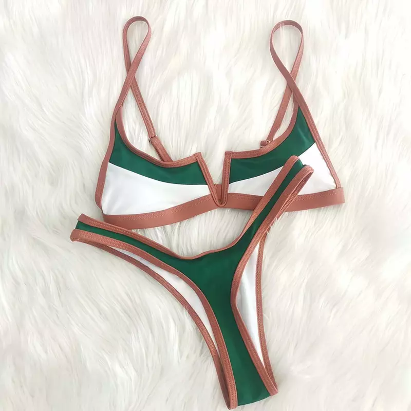 Baju renang tambal sulam Bikini Retro Vintage Thong pakaian renang seksi Brasil pakaian mandi hijau v-bar mikro musim panas baru wanita