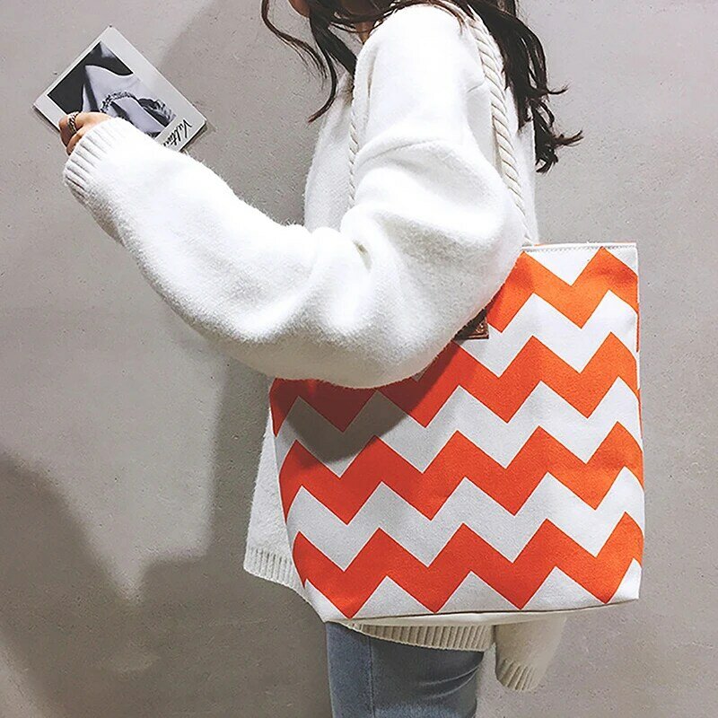 Bolsa de lona com padrão listrado, sacola de grande capacidade, bolsa de ombro portátil, pequena bolsa de balde fresca estilo coreano, moda simples