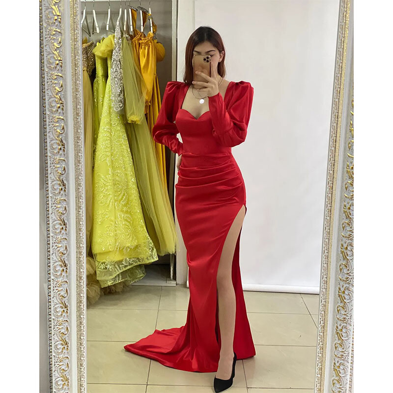 Elegant Red Mermaid Evening Dresses Long Sleeves Party Prom Dress Pleats Split Long Dress for Special Occasion