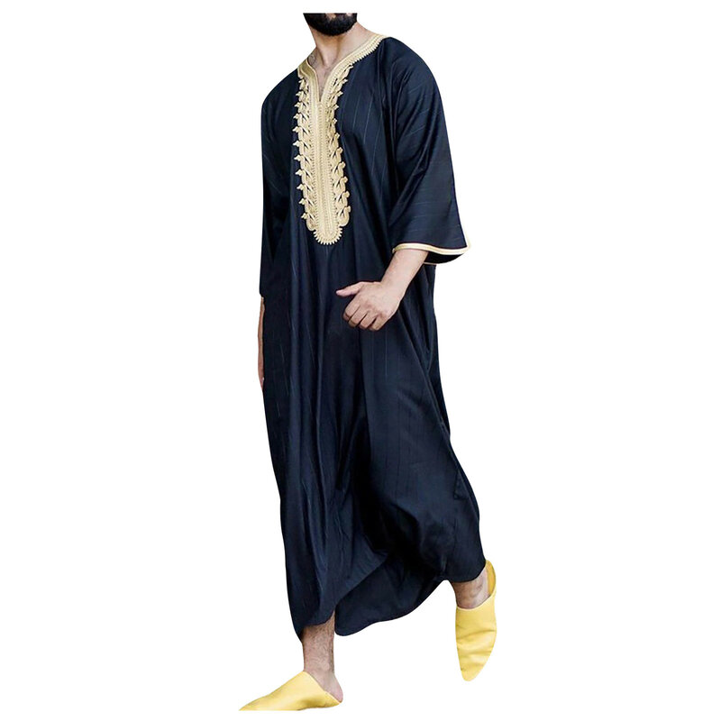 Summer Muslim Men'S Robe Short Sleeve Patchwork Embroidered Arab Ethnic Style Men'S Islamic Clothing Daily Causal Loose Style