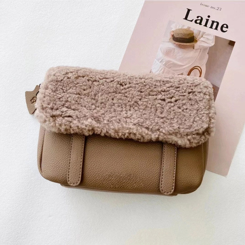 Postman-Bolso de empalme de lana de cordero para mujer, bolsa cuadrada pequeña, Simple y versátil, bandolera de un solo hombro