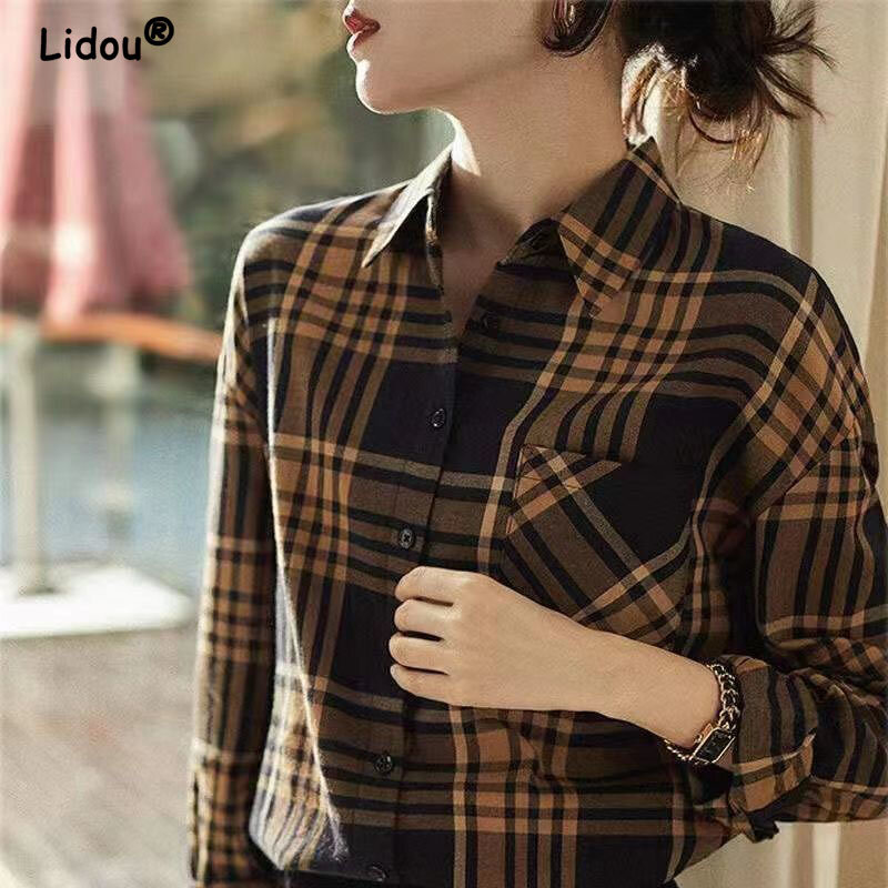 Spring Autumn Temperament Elegant Fashion Polo-Neck Single Breasted Blouses 2022 New Office Lady Shirt T-Shirt Chic Plaid Top