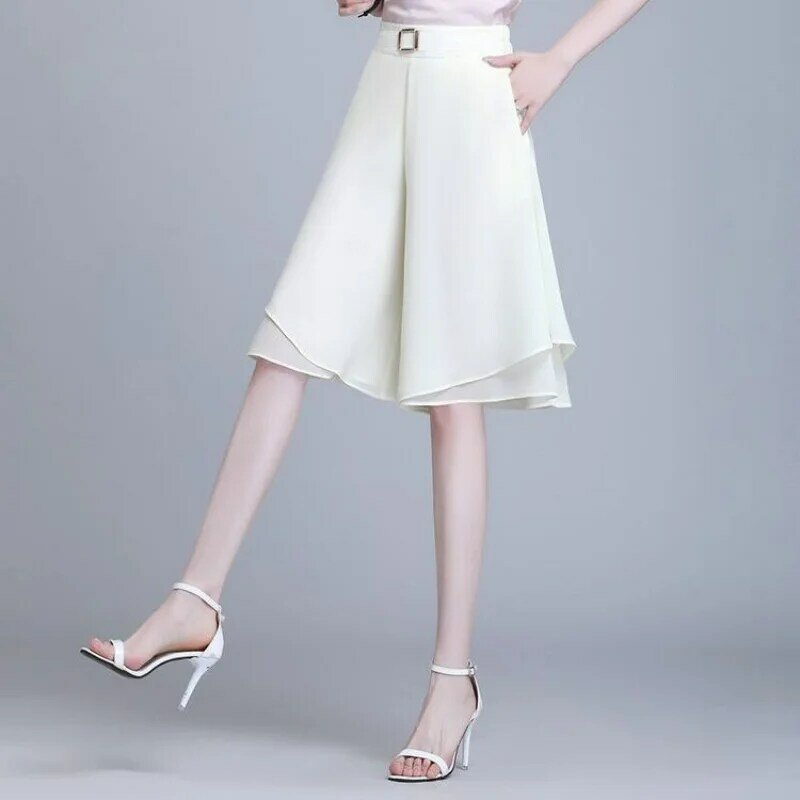 Sommer dünne Chiffon Hose mit weitem Bein Frauen koreanische Patchwork Pailletten Tasche elastische hohe Taille solide Mode lose Hose