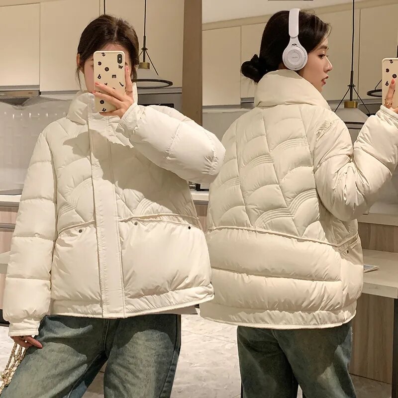 Jaket hangat katun wanita, mantel Puffer baru 2023, jaket katun musim dingin Korea, pakaian luar longgar, mantel empuk katun hangat tebal