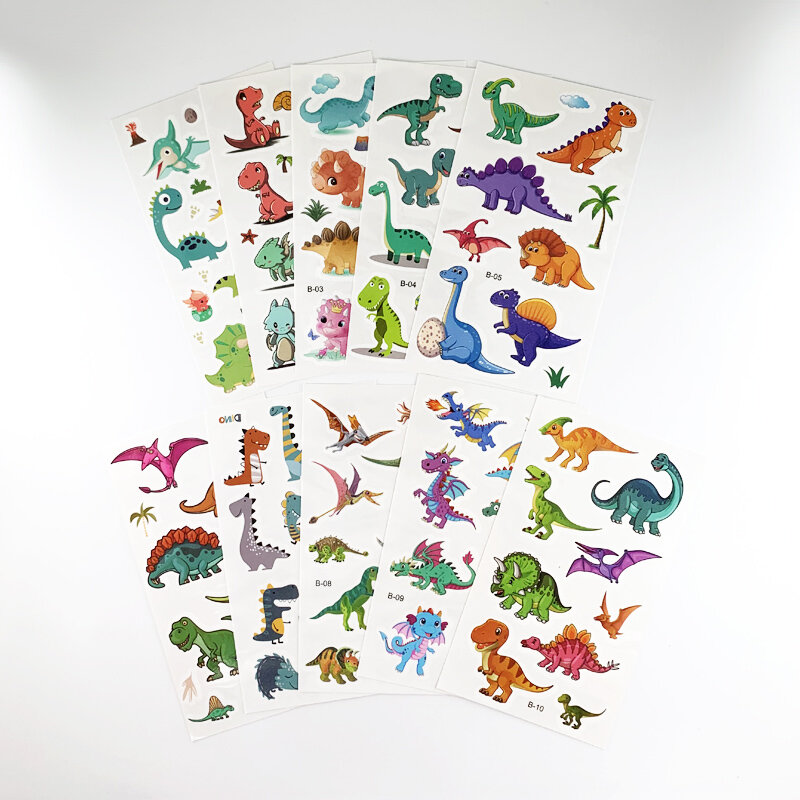 10 Lembar/Set Stiker Tato Palsu Dinosaurus Kartun Tato Temporer Lengan Tubuh Anak-anak untuk Hadiah Anak-anak