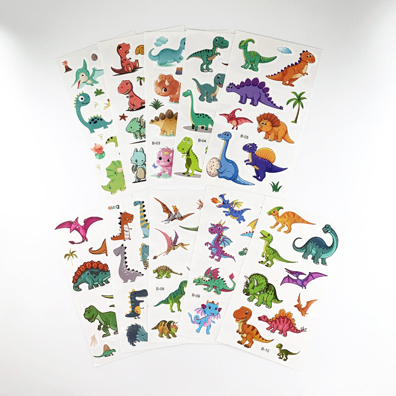 Fake Dinosaur Tattoo Stickers, Desenhos Animados, Crianças, Braço, Corpo, Temporário, Presente Infantil, 10 Folhas por Conjunto