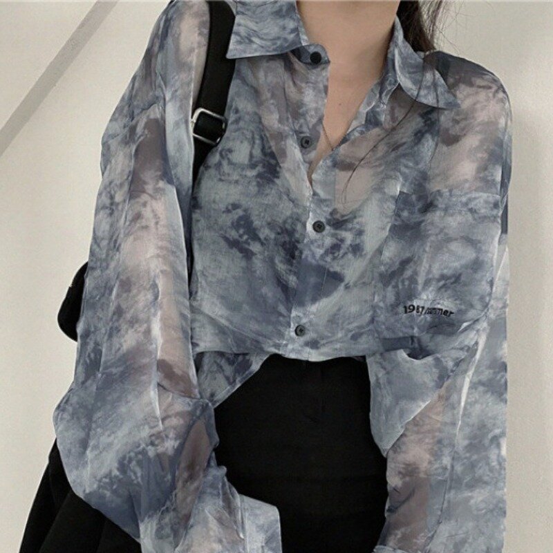 Thin Shirts for Women Spring Summer Tops Long Sleeve Sheer Tie Dye Design Single Breasted Fashion Loose Casual College Young