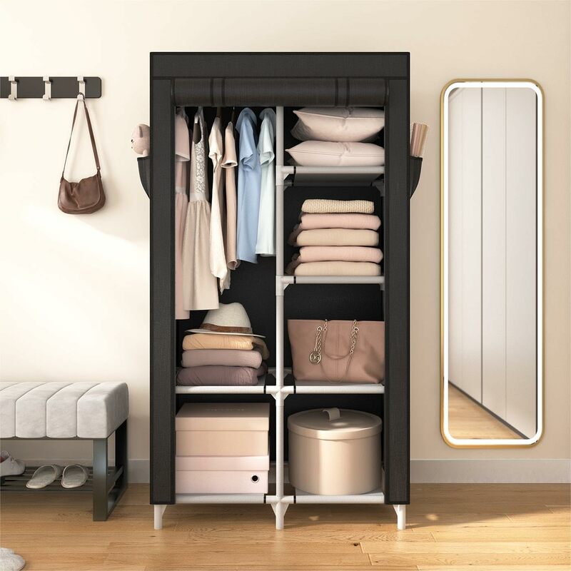 ROJASOP-خزانة ملابس محمولة لتعليق الملابس ، 6 أرفف تخزين ، قضيب معلق واحد و 4 جيوب ، قائمة بذاتها