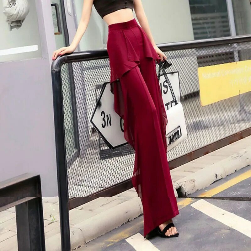 Pantaloni moda coreana da donna pantaloni larghi in Chiffon a vita alta con volant pantaloni Casual versatili a gamba larga svasati Femme
