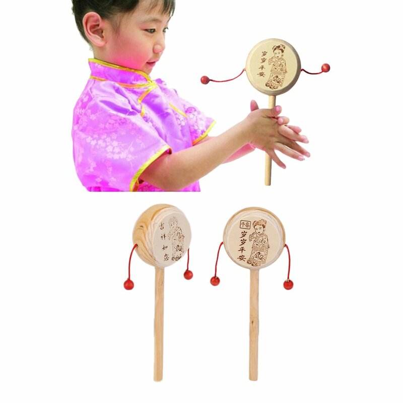 Madeira dos desenhos animados chinês tradicional girando chocalho tambor mão sino bebê brinquedo musical