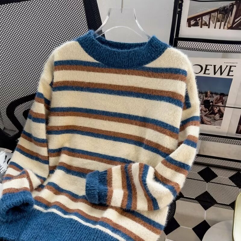 M-3XL Plus Autumn and Winter Striped Patchwork Pattern Sweater for Men Casual Streetwear Versatile Korean Style Sweater Jacket