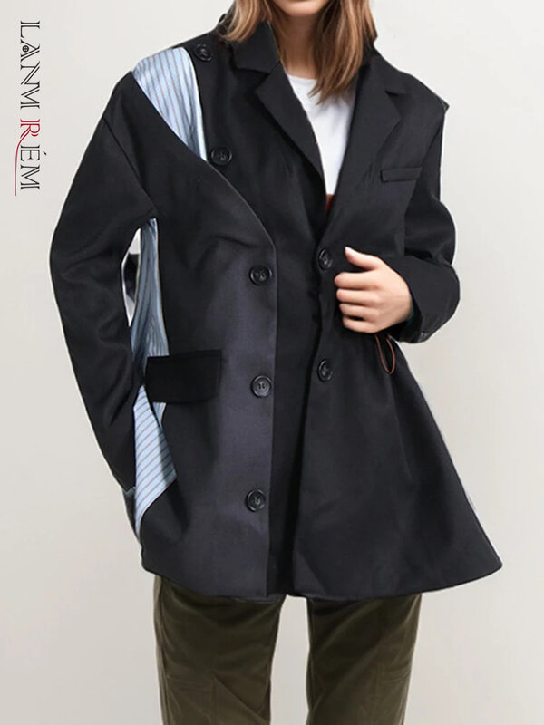 LANMREM-Blazers de diseño empalmado Irregular para mujer, chaquetas ahuecadas de Color de contraste, tendencia de moda, Otoño, nuevo, 2024, 26D9451