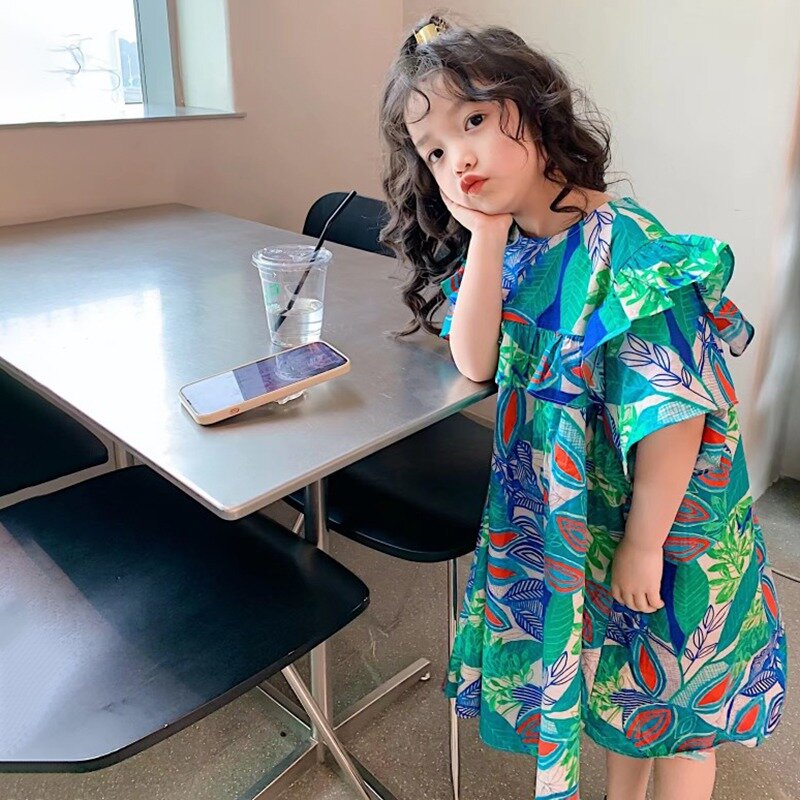 Zomer Kinderen Meisjes Jurken Ruches Design Mode Koreaanse Stijl Meisjes Bloemenprint Jurken Kleding
