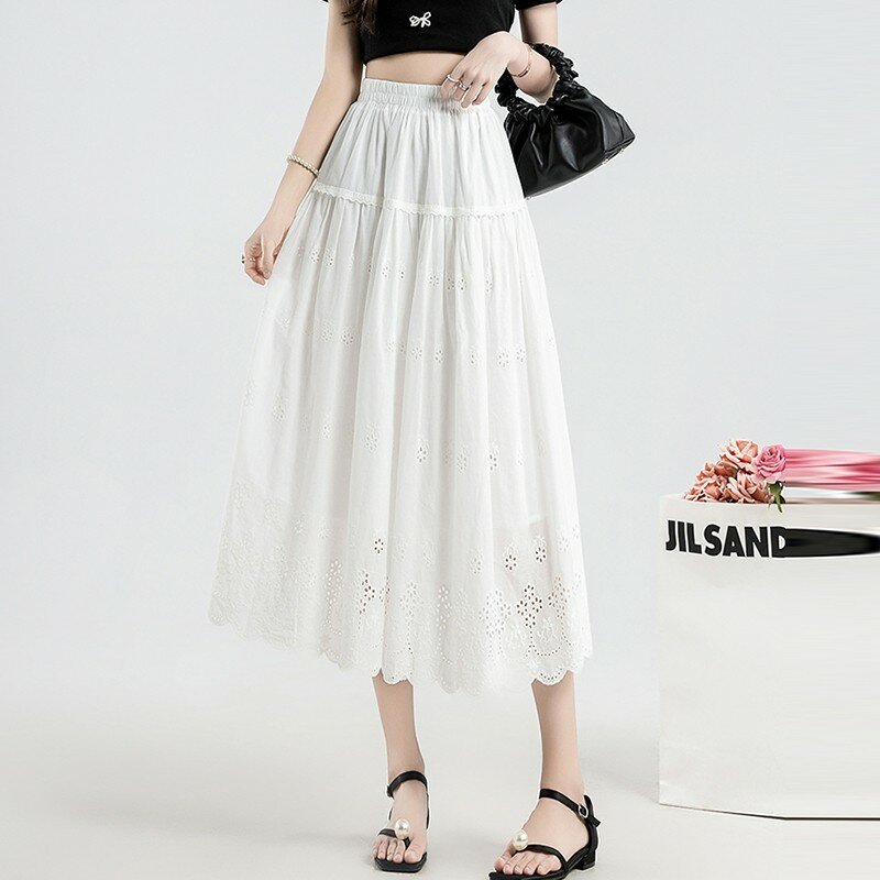 High Waist A-line Casual Skirt Women New 2024 Summer Korean Style Hollow Out Solid Color Ladies Elegant Long Skirts W1711
