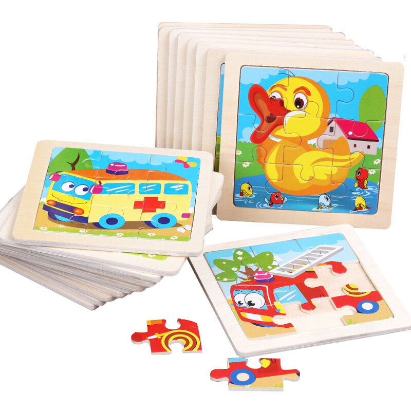 赤ちゃんのための木製のジグソーパズル,11x11cmの3Dパズル,漫画の動物の交通,教育ゲーム,モンテッソーリ