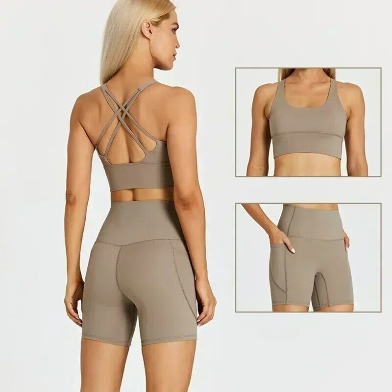 Лимон карманы Йога шорты женский костюм для фитнеса 2 предмета для тренировок одежда для бега спортивная одежда спортивный наряд