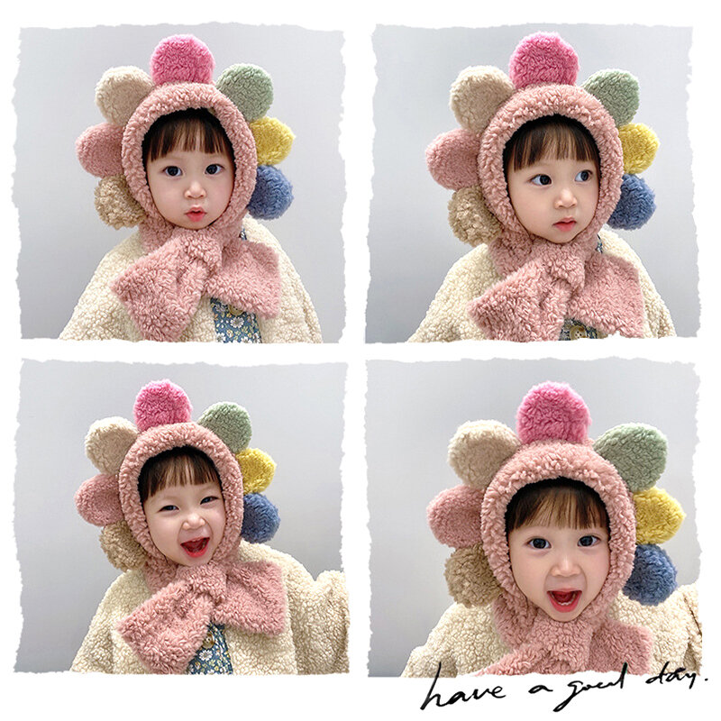 Zimowa ochrona słuchu dziecięca pluszowa szyja cieplejsza czapka szalik cieplej Baby Flower sznurowana miękka gęsta wiatroodporna czapka