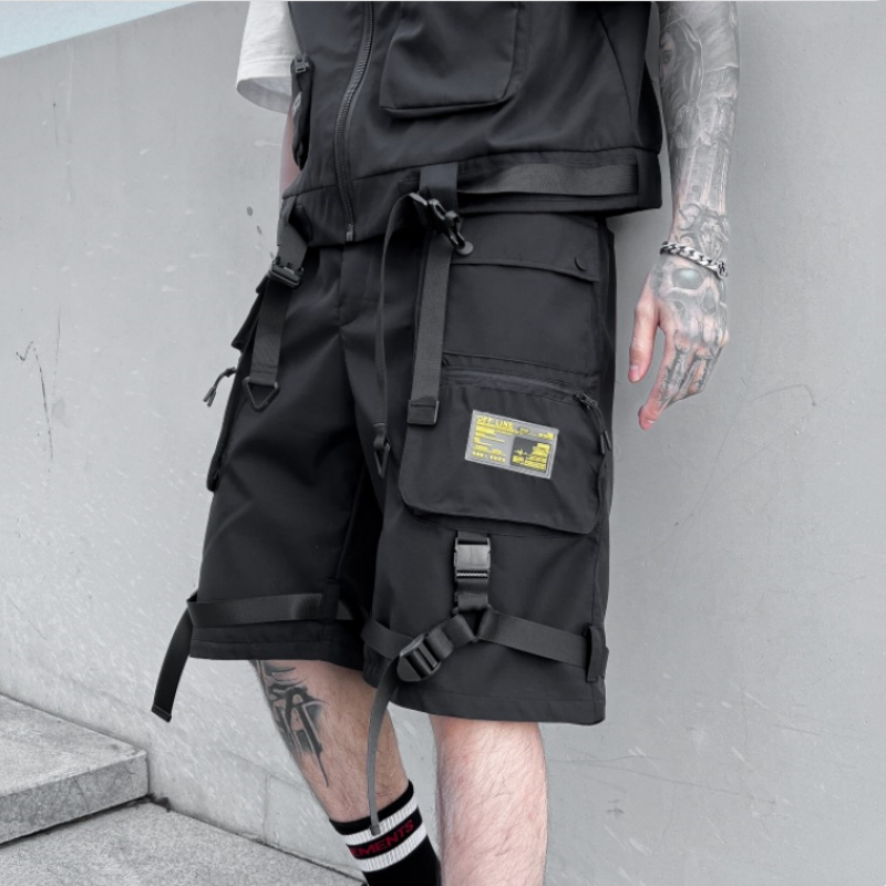 Shorts táticos de carga de retalhos de flâmula multi-bolso masculino, moda técnica de rua, calças cortadas, verão, Y2K, 2022