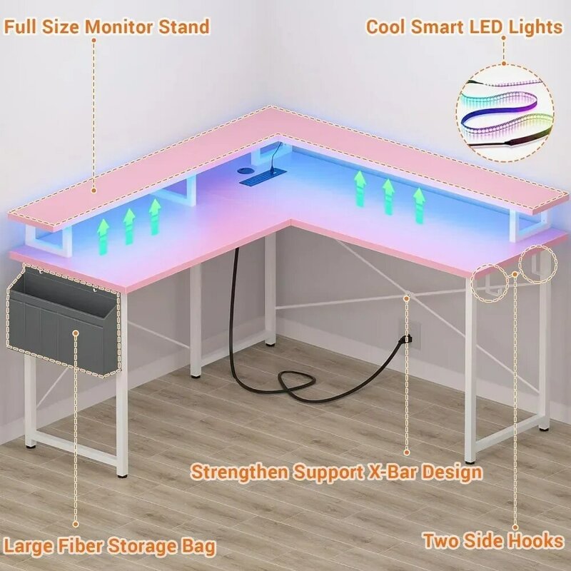 L Shaped LED Lights Gaming Desk, Corner Desk com Prateleiras de Armazenamento, Home Office, Pequenos Espaços, Móveis de Computador, Frete Grátis