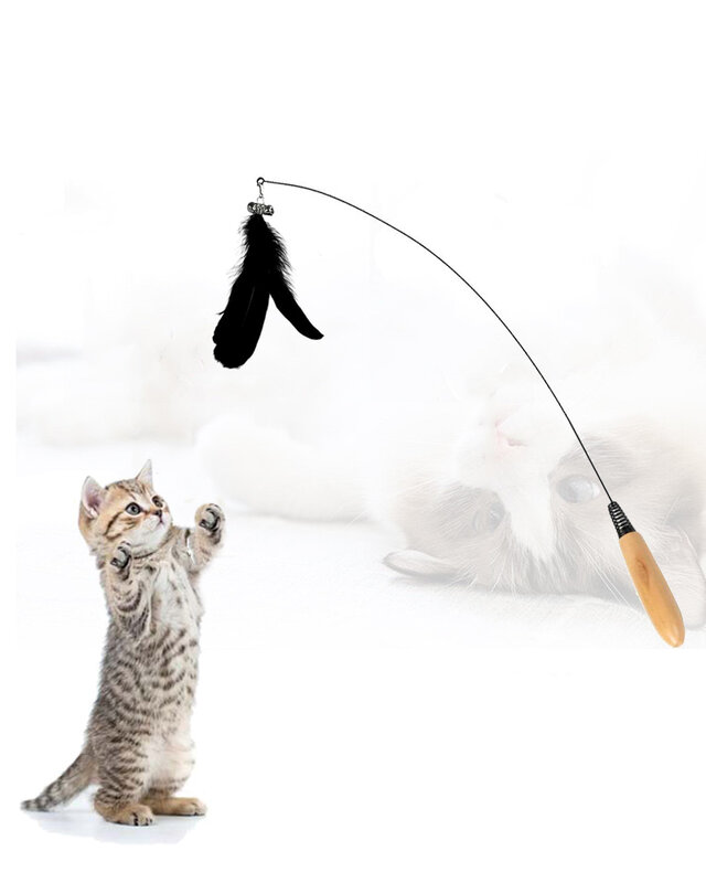 Mainan kucing tongkat kucing bulu alami, dengan pegangan kayu Solid dan tongkat kucing kombinasi kawat baja