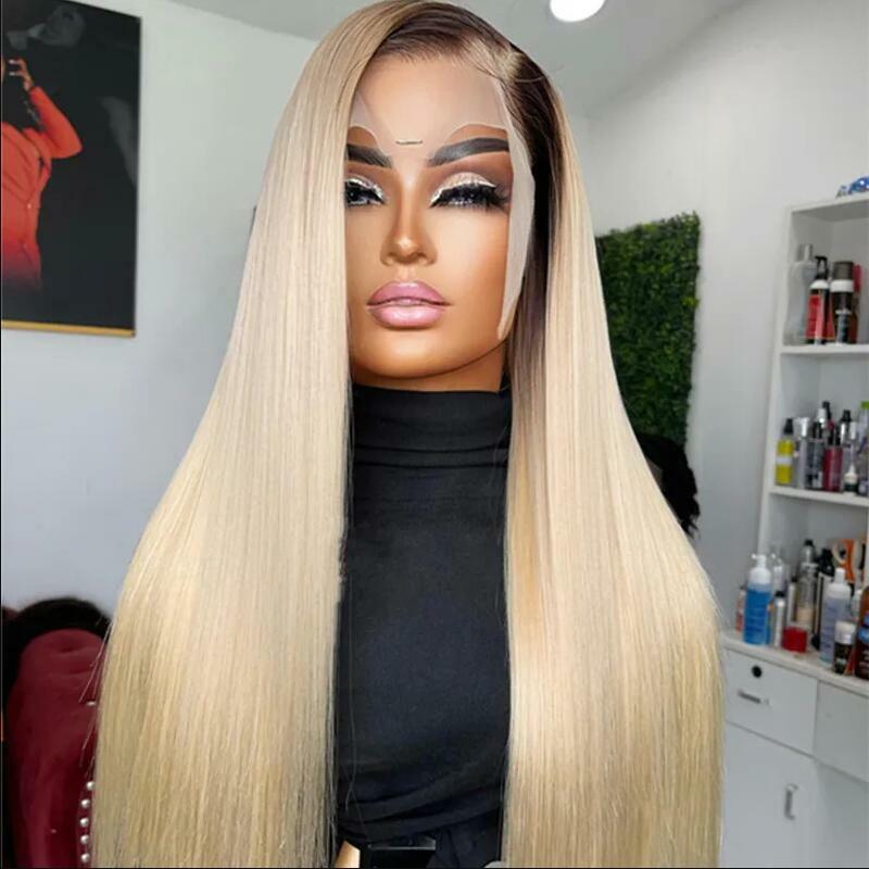 180%Density Long Soft 26“Ombre Blond Silky Straight Lace Front Wig For Black Women BabyHair Glueless Preplucked Heat Resistant