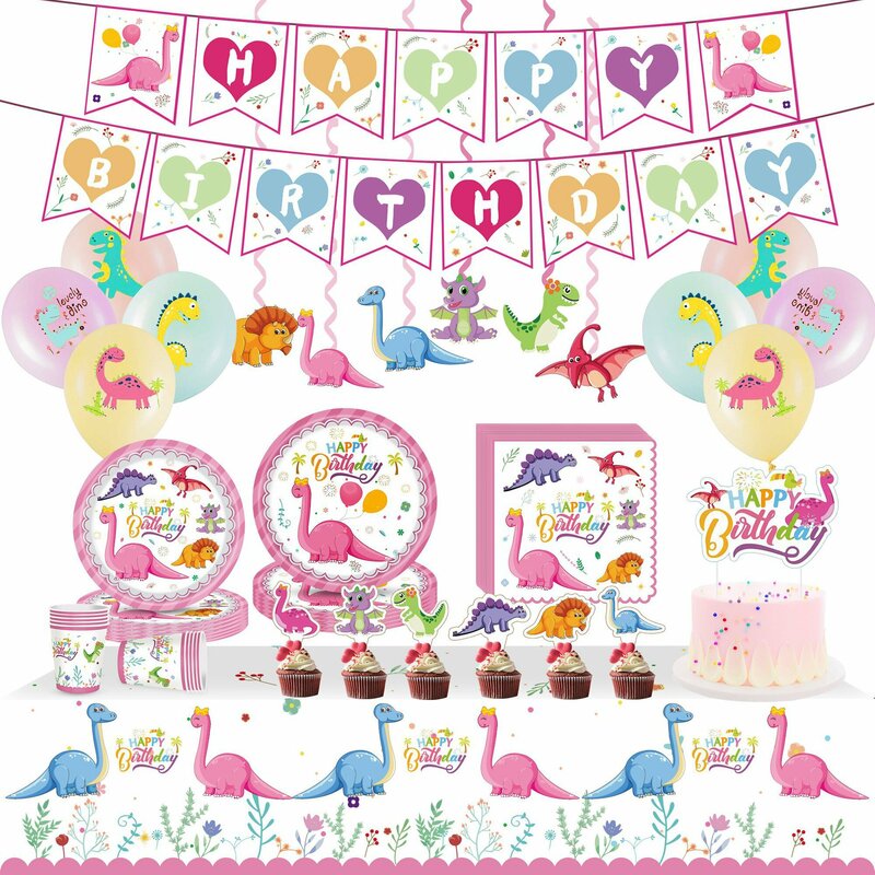 Balon dekorasi pesta dinosaurus merah muda mainan latar belakang piring peralatan makan sekali pakai balon kartun favorit anak-anak bayi perempuan