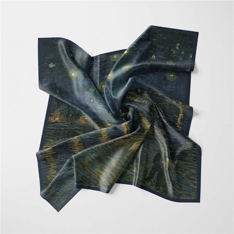 Bufanda de seda para mujer, pañuelo cuadrado con pintura nocturna, pañuelo pequeño, Hijab de seda, diadema, 53CM