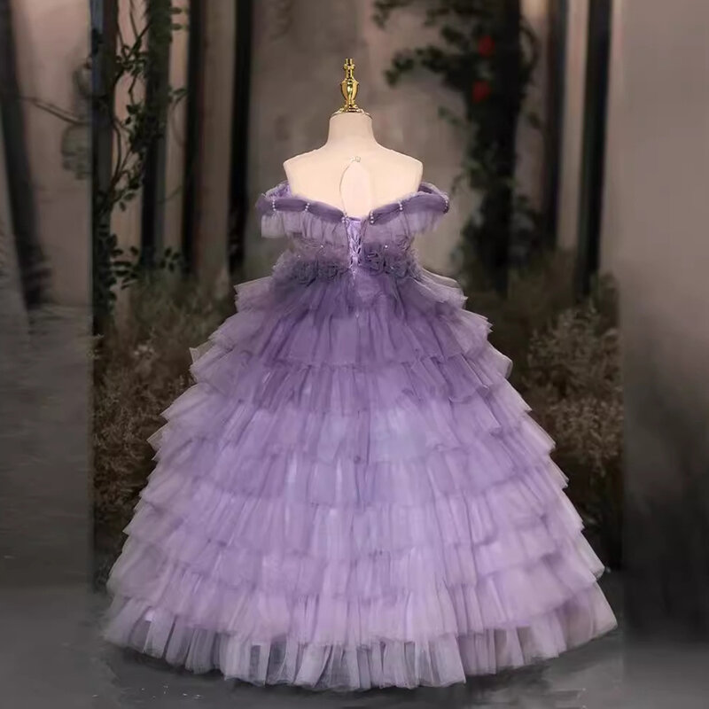 Fioletowy wspaniały kwiat sukienki dla dziewczynek długość podłogi miękka tiulowa sukienka balowa warstwowa sukienka z ciasta królewska bez pleców sukienka koktajlowa z falbanami