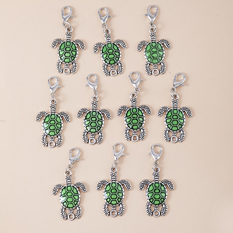 10pcs Green Tortoise Charms Alloy Animal Pendants With Lobster Claw Clasps Keychain For Women Girls Jewelry Accessories 18*37mm