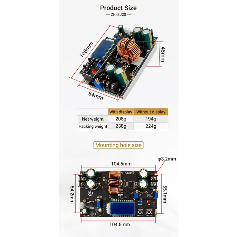 ZK-SJ20 Automatische Step Up Down Module Mppt Met Lcd-Display Buck Boost Converter Voeding Module Verstelbare Board