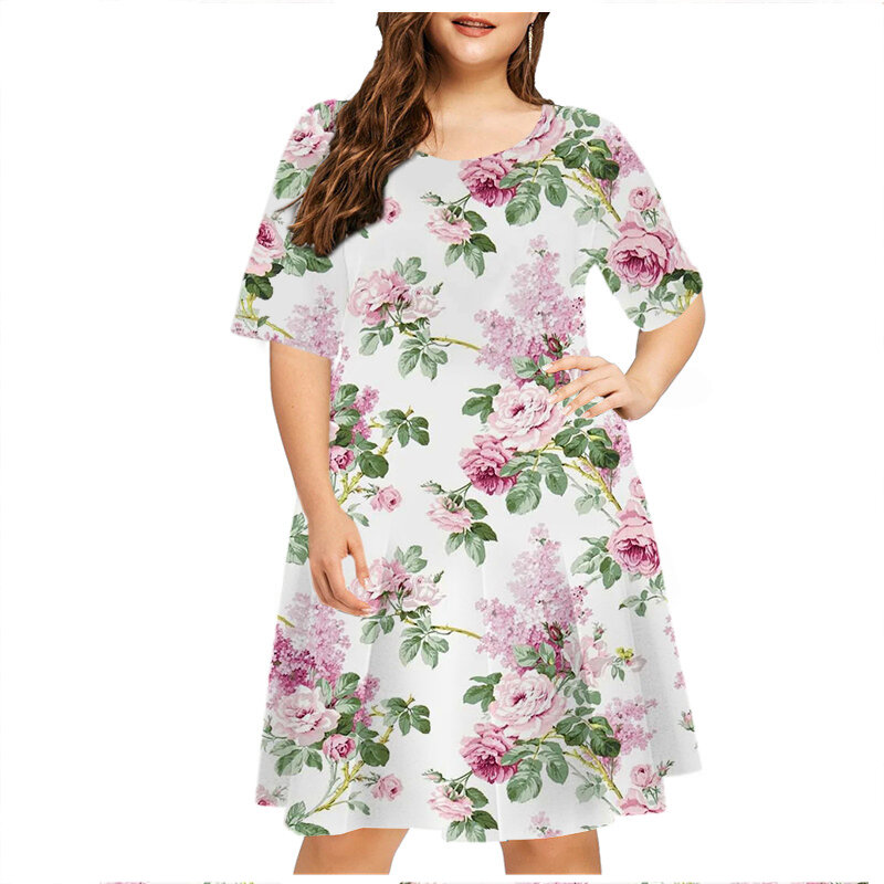 Mini robe vintage à imprimé floral pour femmes, tenue d'été décontractée à manches courtes, grande taille 6XL
