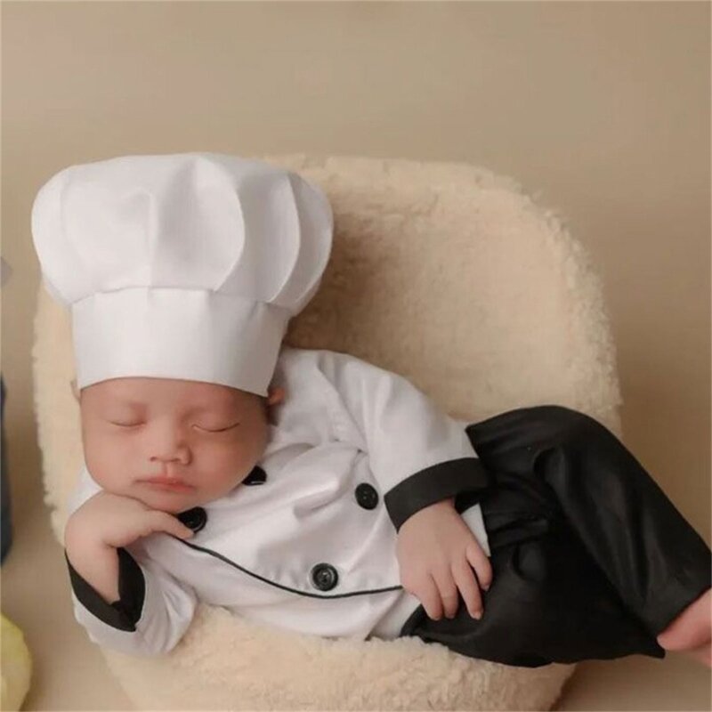 K5dd 3 pçs adereços fotografia terno para bebê menina meninos recém-nascidos chapéu cozinheiro casaco foto traje cosplay foto