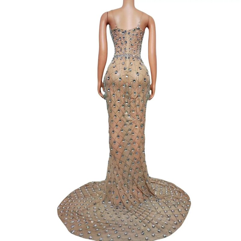 Floor Length Elegant Prom Dress Women Mermaid Crystals Dress Birthday Party Queen Singer Celebration Stage Wear Fusesan