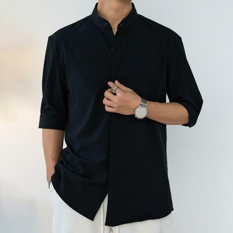 Camisa de negocios de Color sólido para hombre, camisa elegante con cuello levantado, Media manga, estilo cárdigan ajustado para viaje de oficina