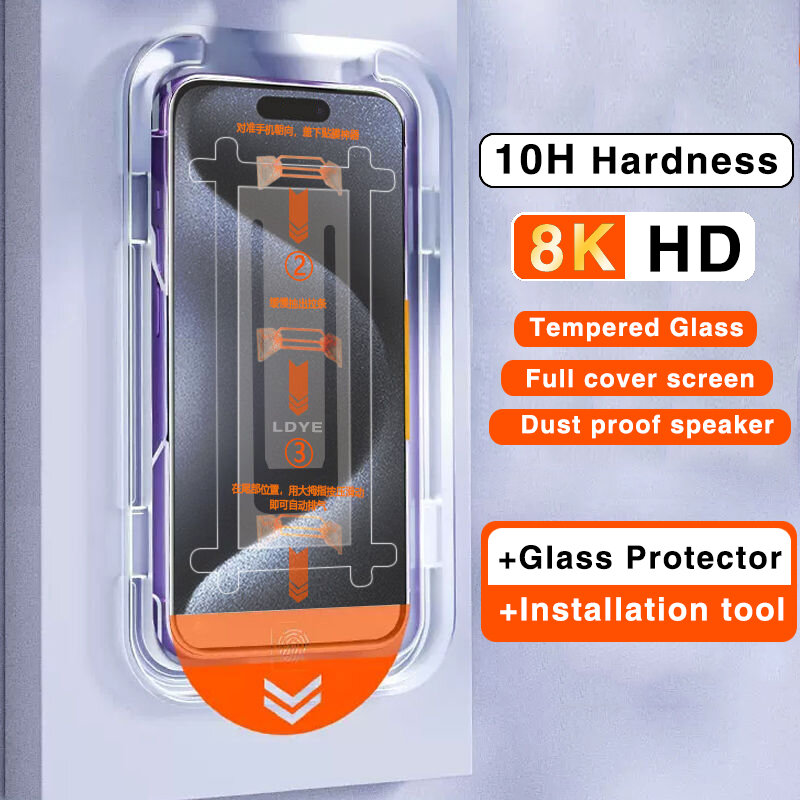 Protetor de tela de vidro temperado para iPhone, Dureza 10H, Bolha livre de poeira, 15, 14, 13, 12, 11 Pro Max, Plus, XS, XR, X