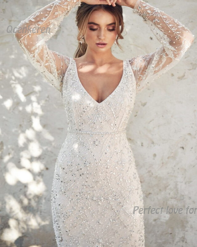 Qcenkeren gaun pernikahan leher V wanita tanpa lengan, gaun pengantin lurus berkilau kristal berpayet gaya Boho Vestido de Noiva 2024